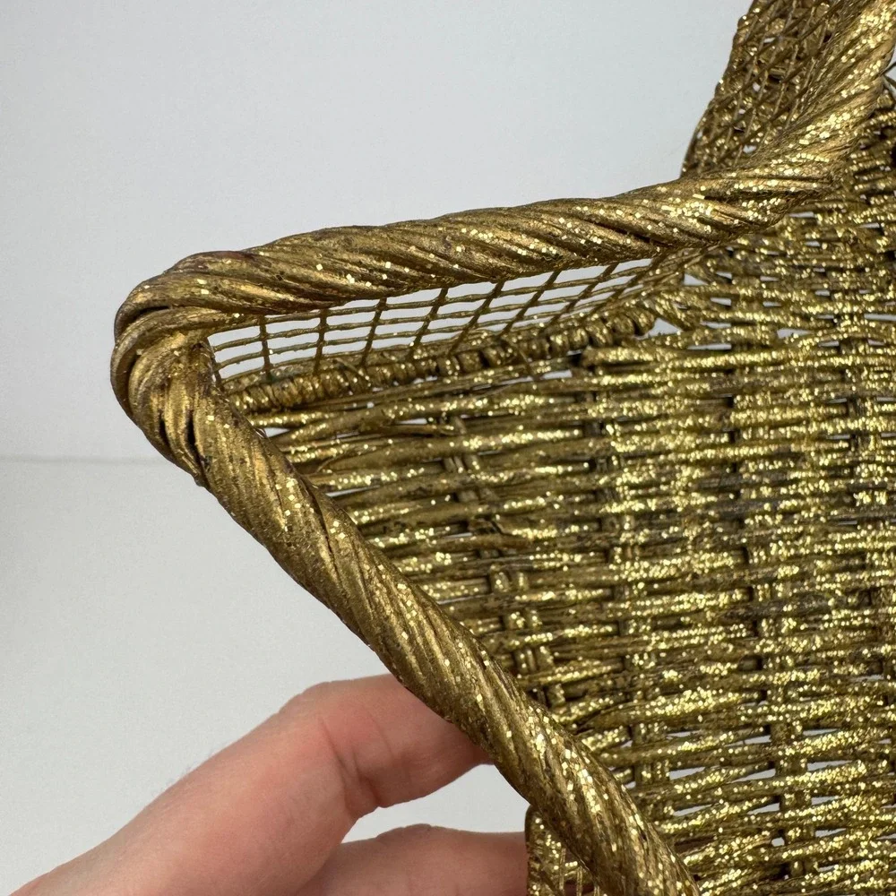 Vtg Gold Glitter 8 inches Wicker Metal Star Shaped Tabletop Basket Small Shimmer